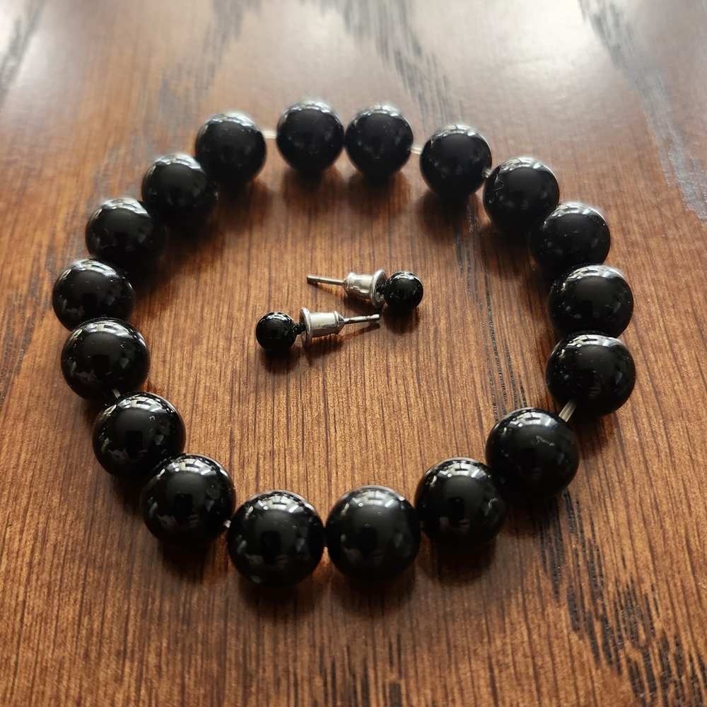 Black Beaded Bracelet And Earring Set